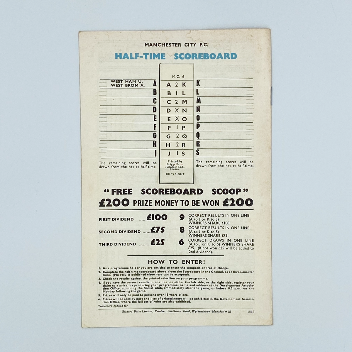 Manchester City vs Sparta Prague Programme (11 December 1967)