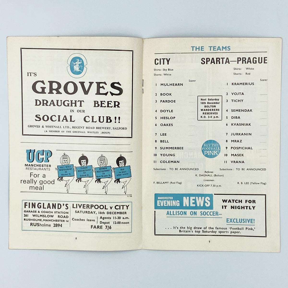 Manchester City vs Sparta Prague Programme (11 December 1967)