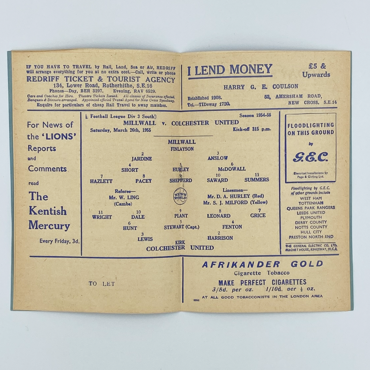 Millwall vs Colchester United Programme (26 March 1955)
