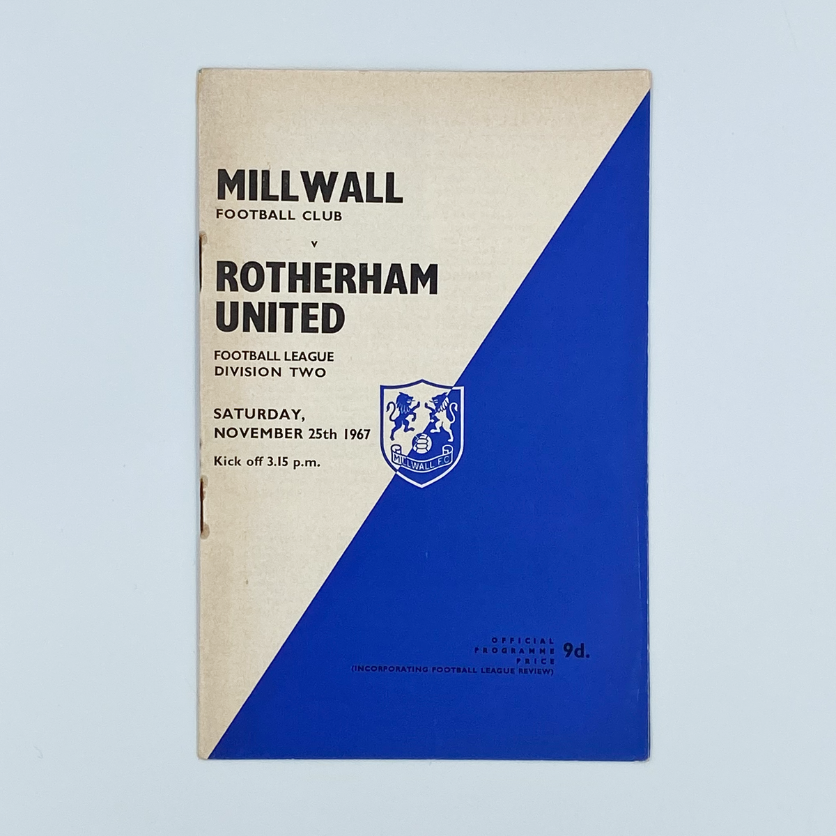 Millwall vs Rotherham United Programme (25 November 1967)