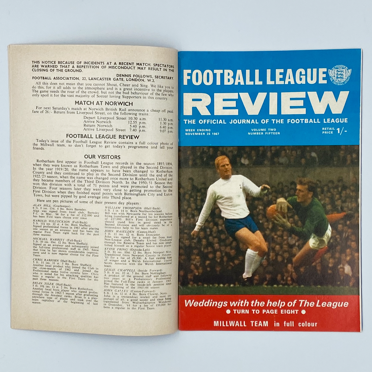 Millwall vs Rotherham United Programme (25 November 1967)