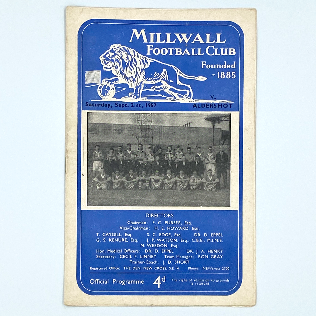 Millwall vs Aldershot Programme (21 September 1957)