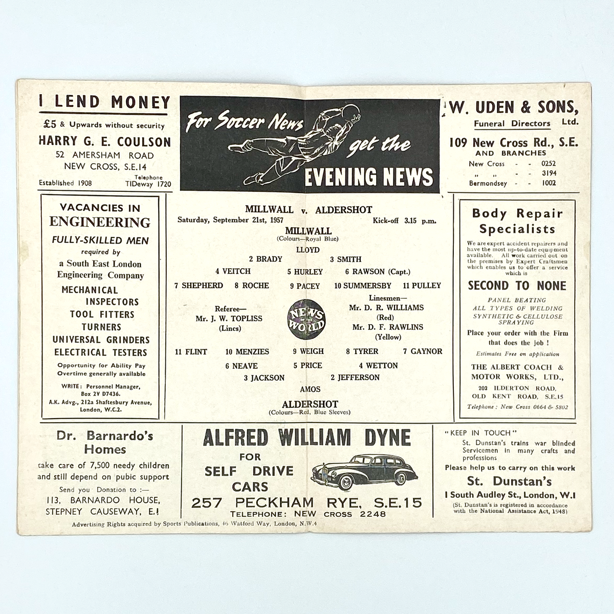 Millwall vs Aldershot Programme (21 September 1957)