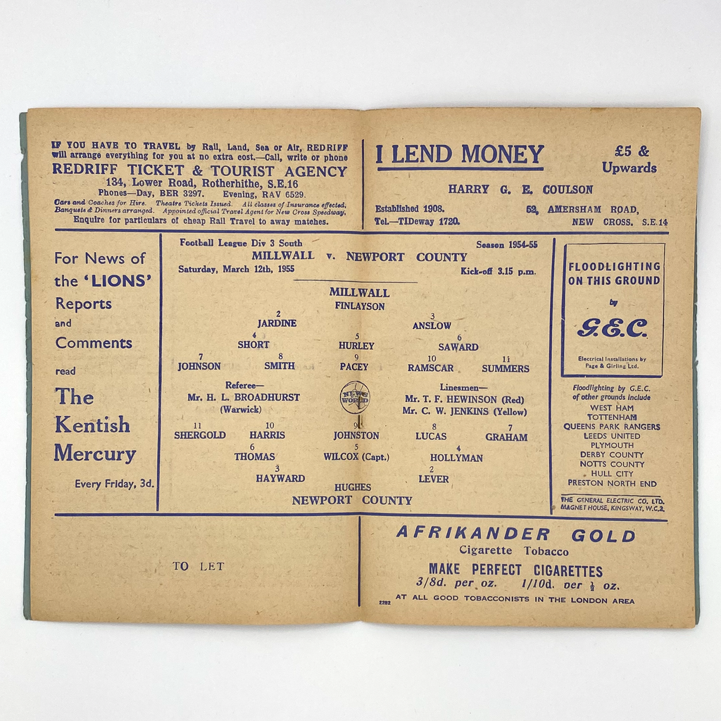 Millwall vs Newport County Programme (12 March 1955)