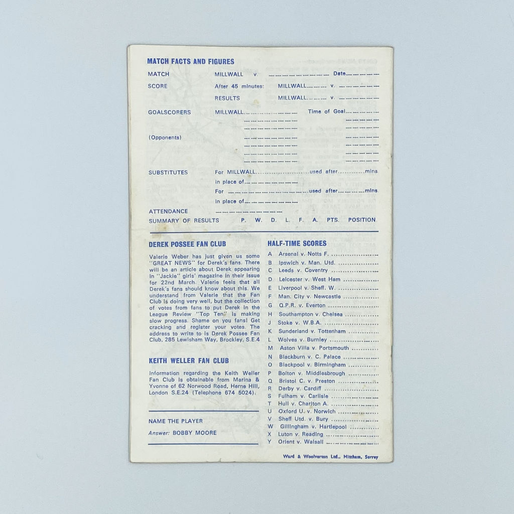 Millwall vs Huddersfield Town Programme (1 February 1969)
