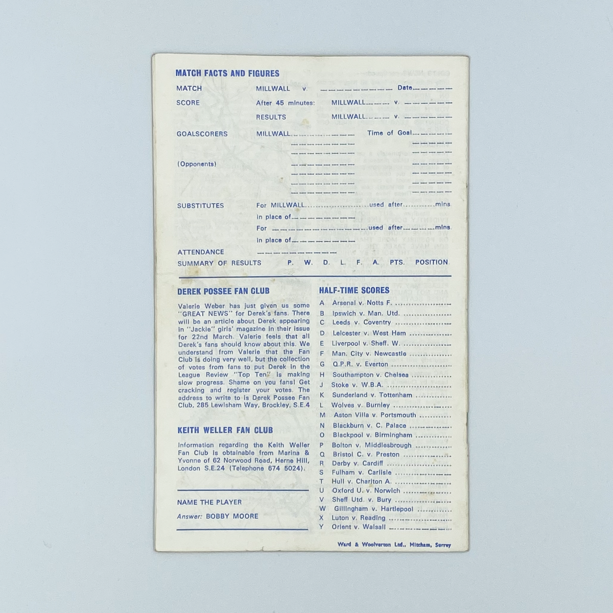 Millwall vs Huddersfield Town Programme (1 February 1969)