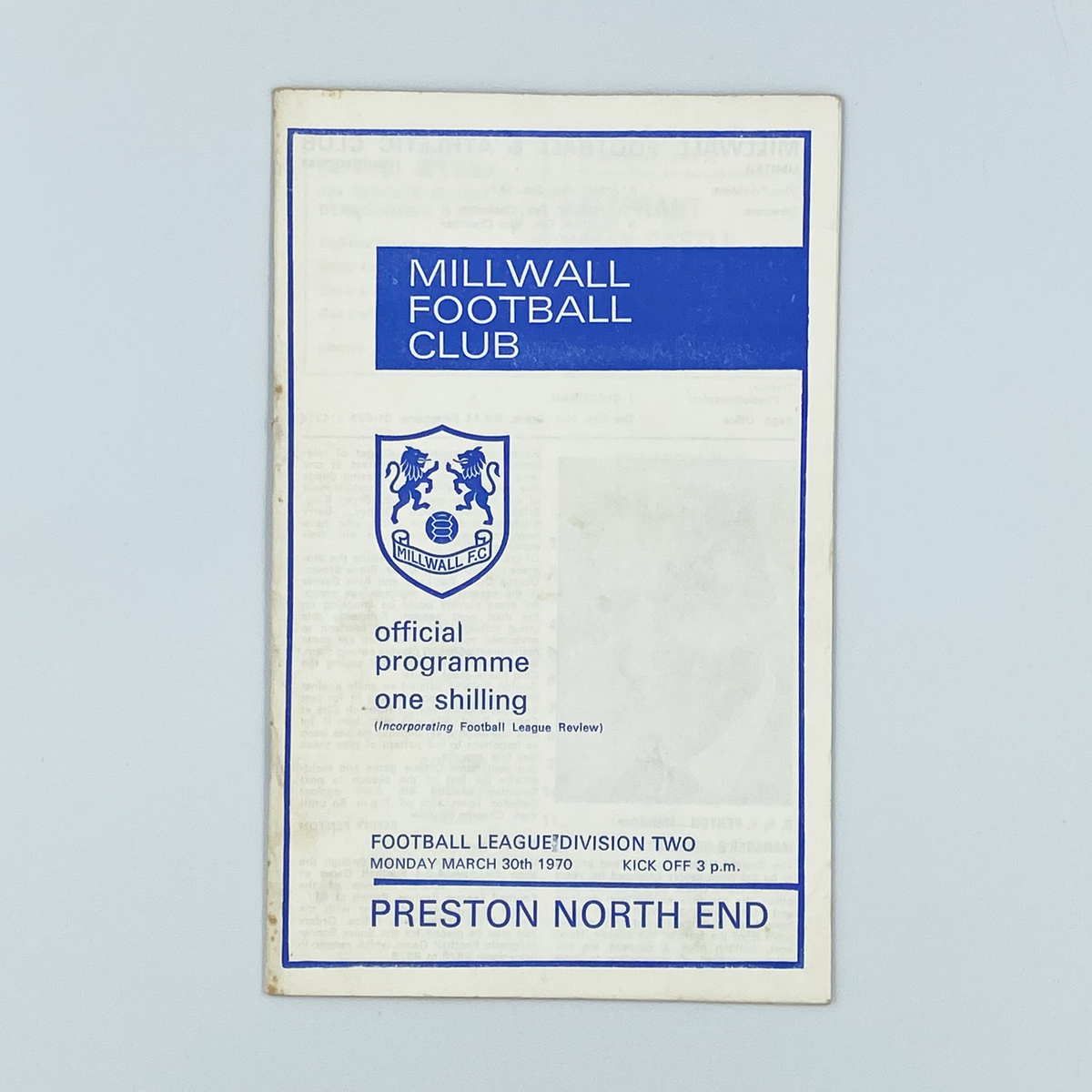 Millwall vs Preston North End Programme (30 March 1970)