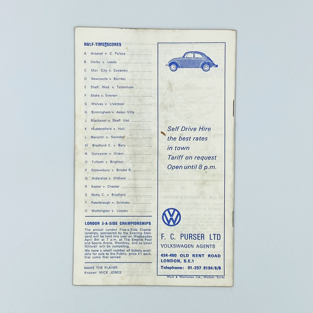 Millwall vs Preston North End Programme (30 March 1970)
