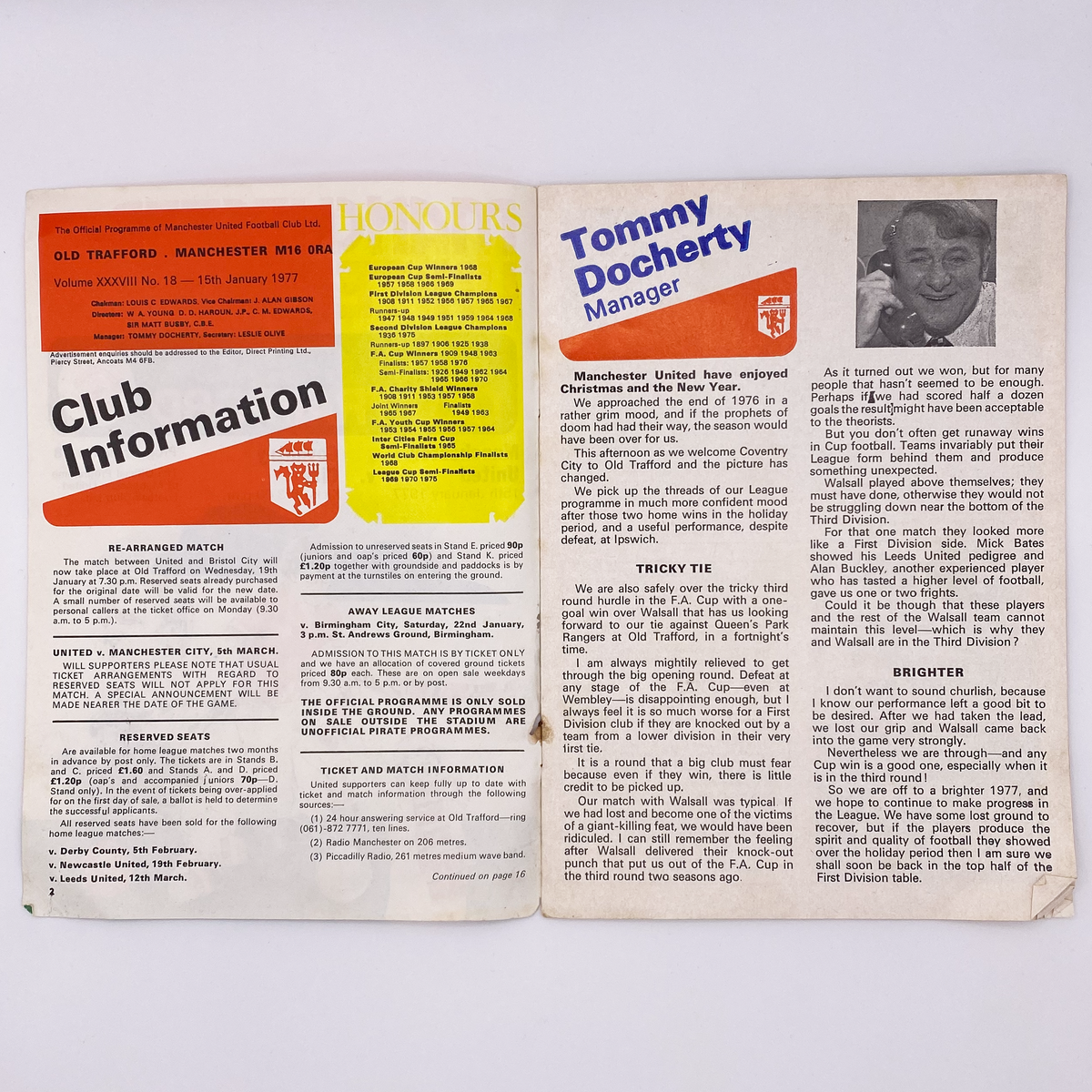 Manchester United vs Coventry City Programme (15 January 1977)