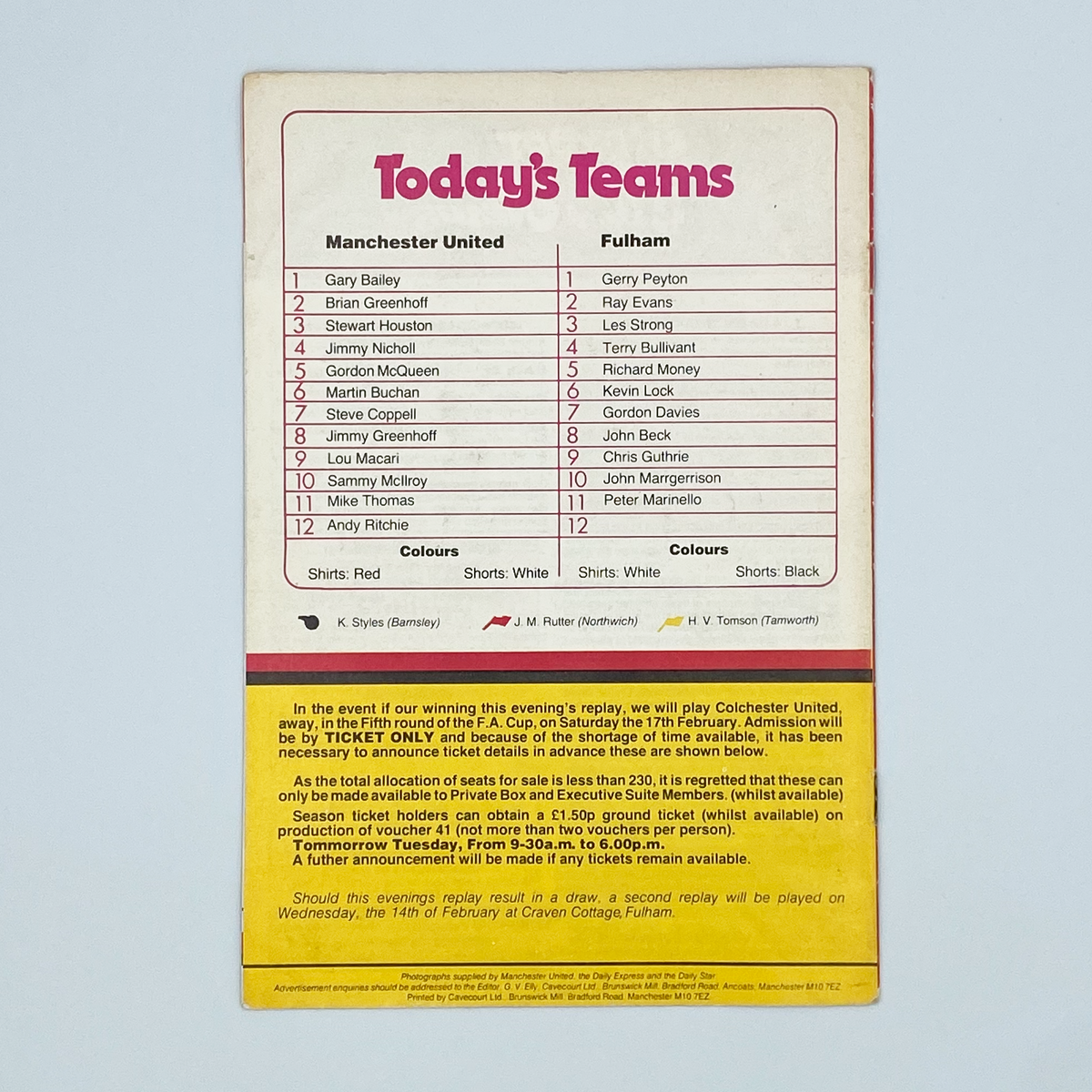 Manchester United vs Fulham Programme (12 February 1979)