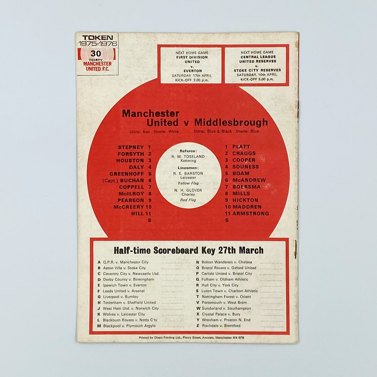 Manchester United vs Middlesbrough Programme (27 March 1976)