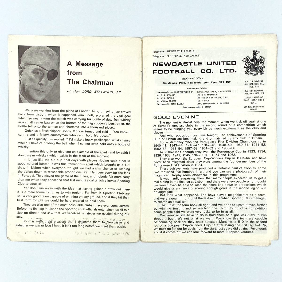 Newcastle United vs Sporting CP Programme (20 November 1968)