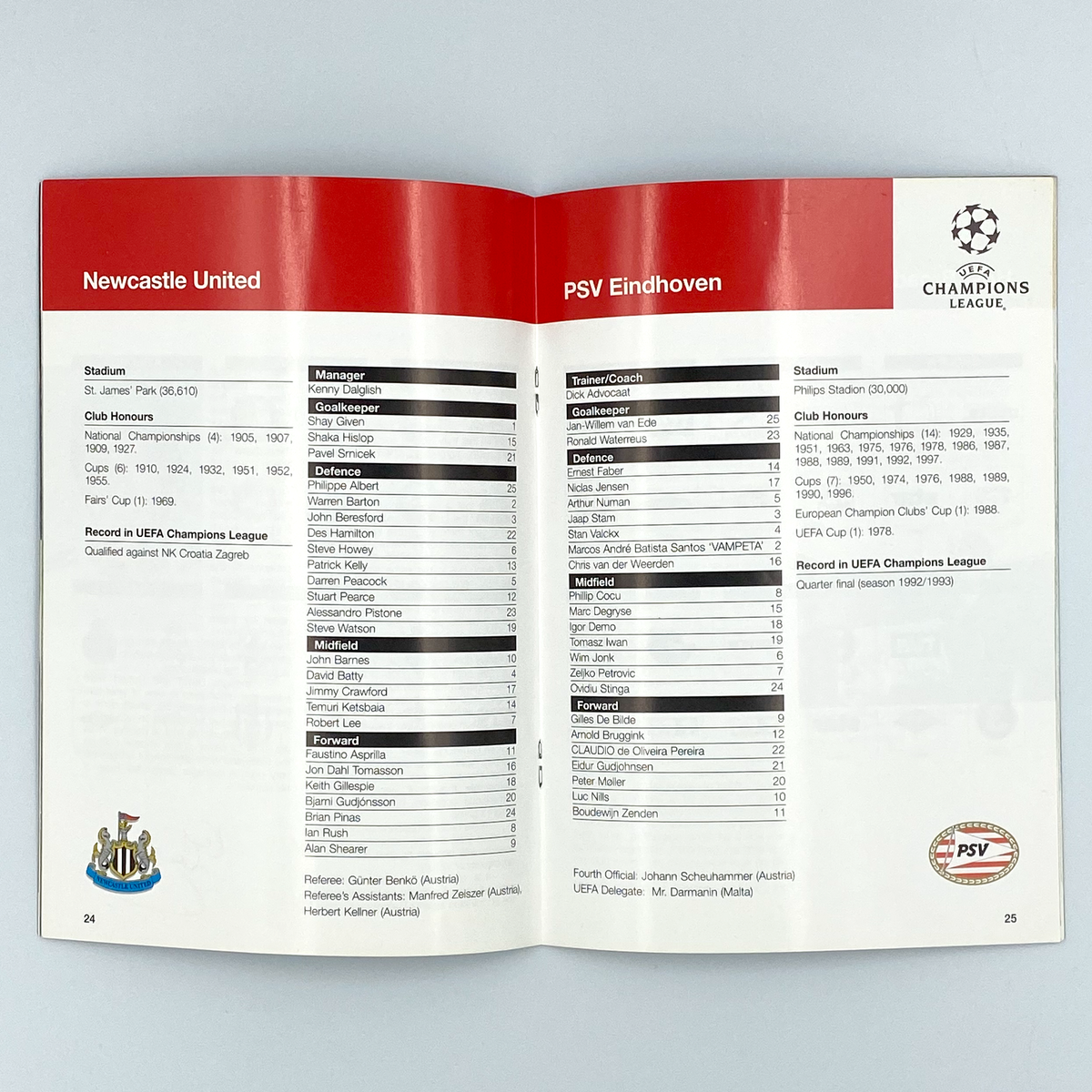 Newcastle United vs PSV Eindhoven Programme (5 November 1997)