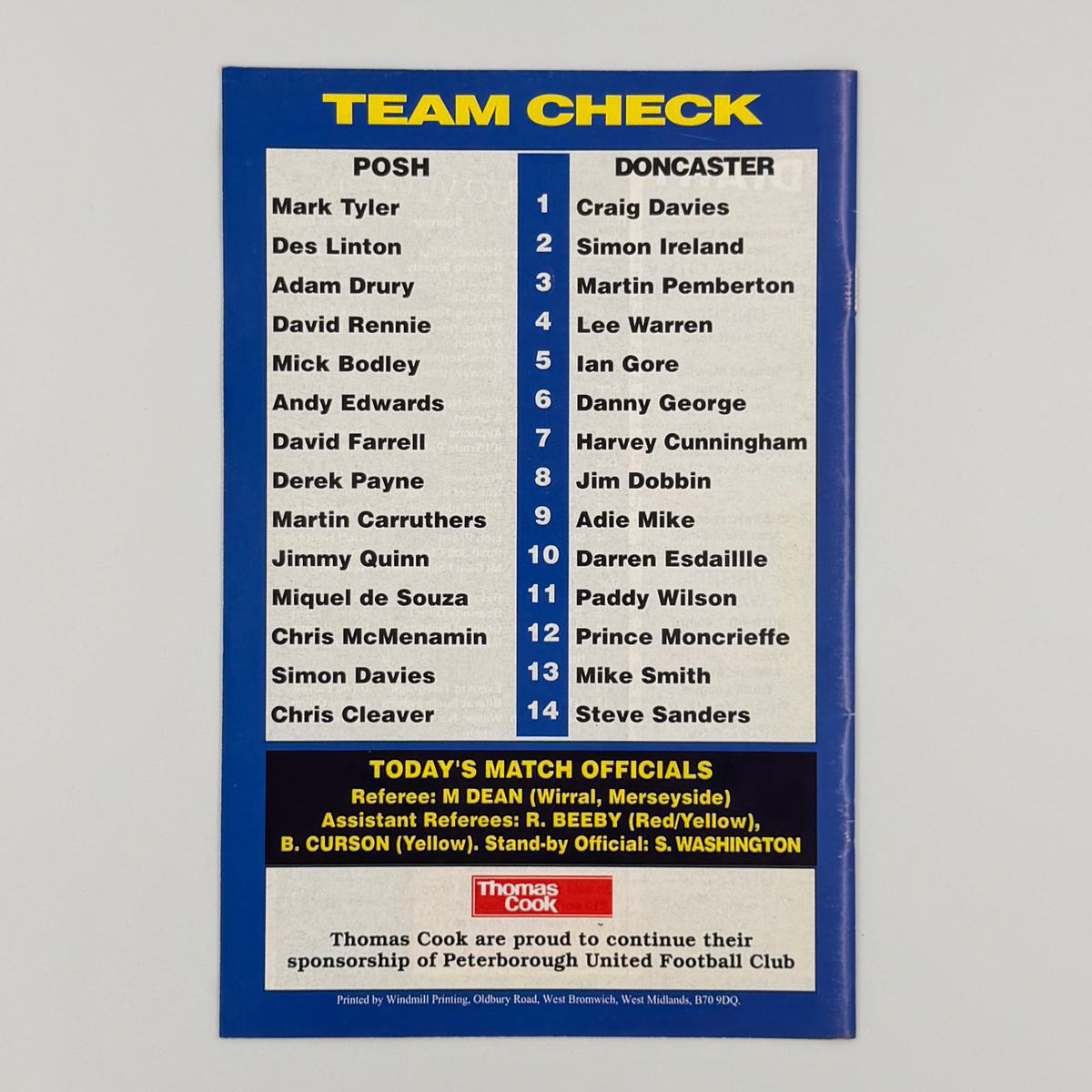 Peterborough United vs Doncaster Rovers Programme (10 February 1998)