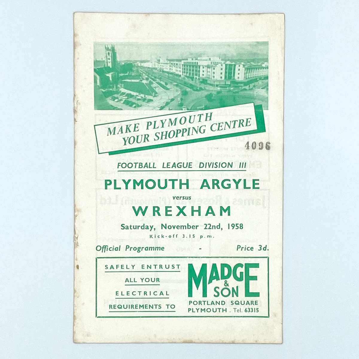 Plymouth Argyle vs Wrexham Programme (22 November 1958)
