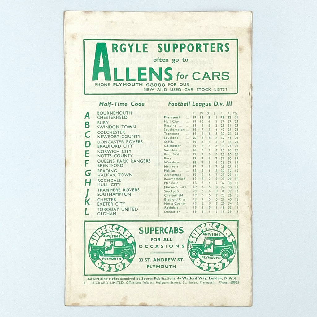 Plymouth Argyle vs Wrexham Programme (22 November 1958)