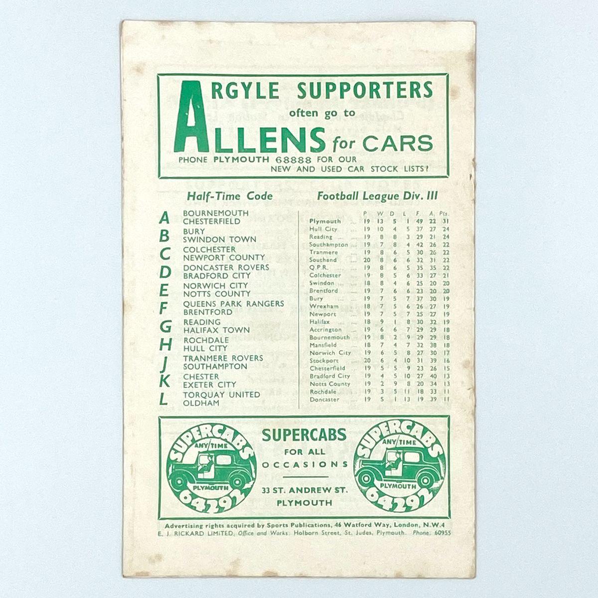 Plymouth Argyle vs Wrexham Programme (22 November 1958)