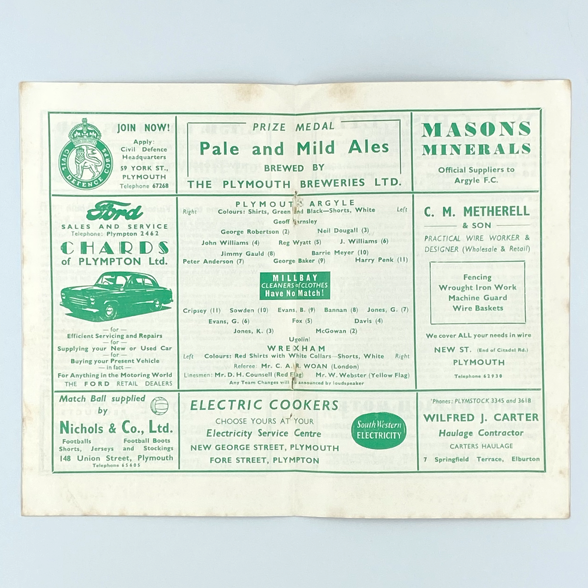 Plymouth Argyle vs Wrexham Programme (22 November 1958)