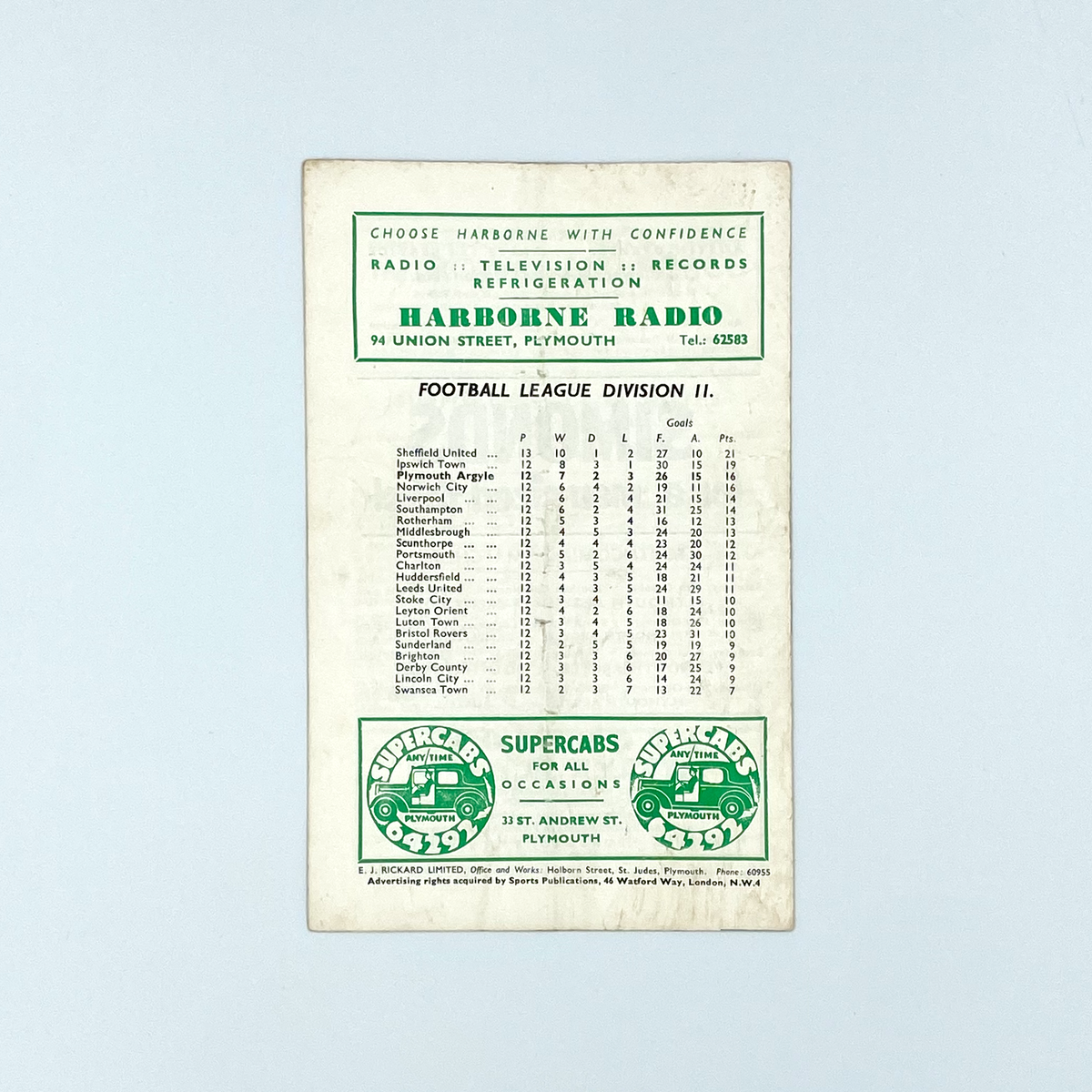 Plymouth Argyle vs Southport Programme (12 October 1960)