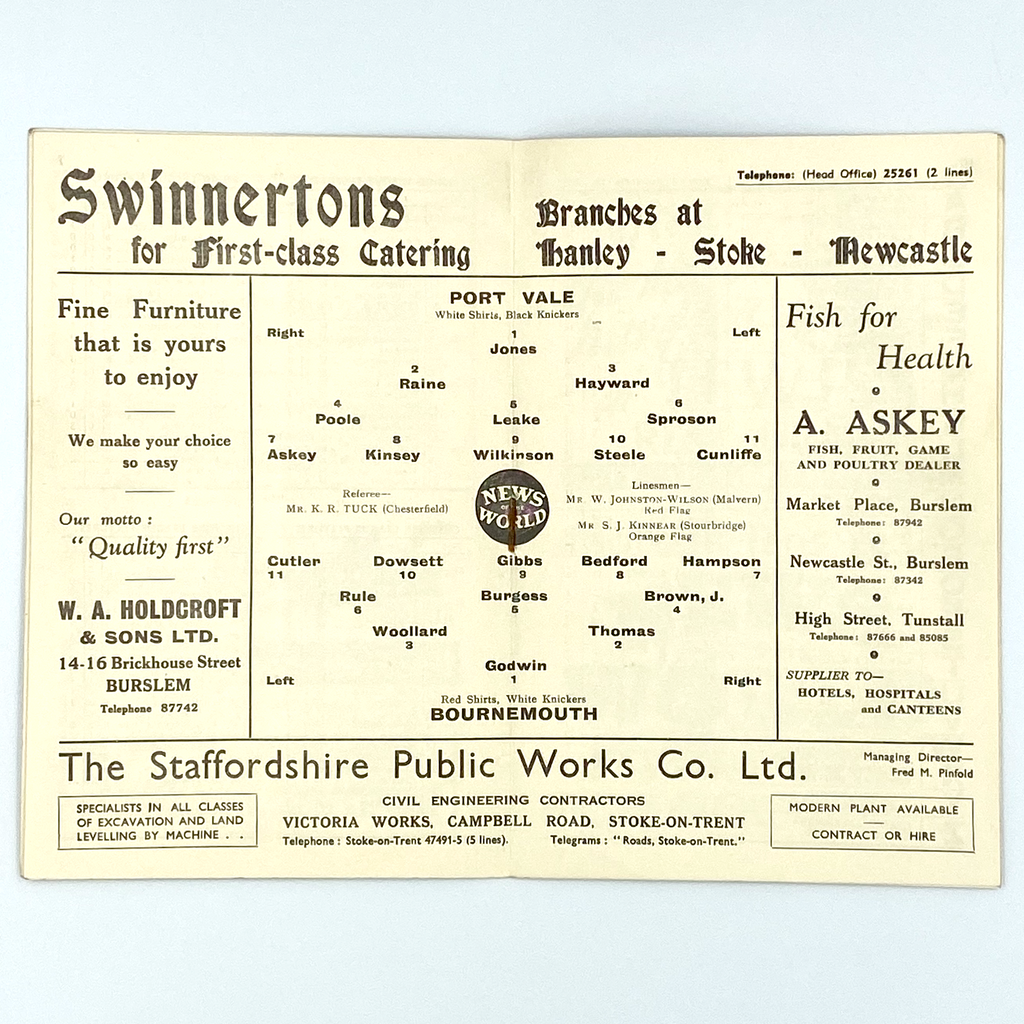 Port Vale vs AFC Bournemouth Programme (19 April 1958)