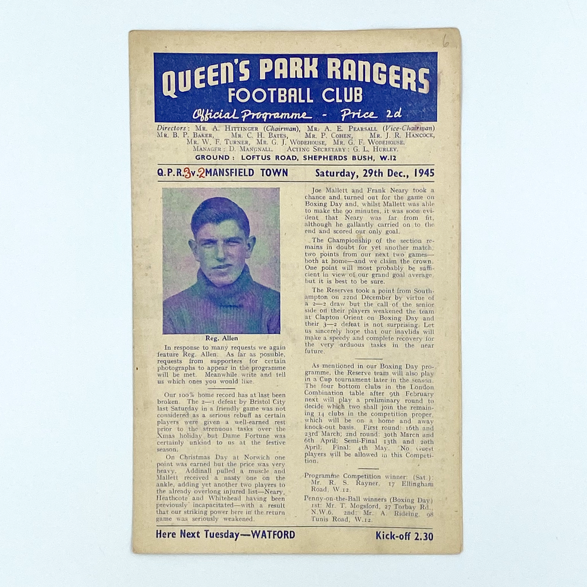 Queens Park Rangers vs Mansfield Town Programme (29 December 1945)