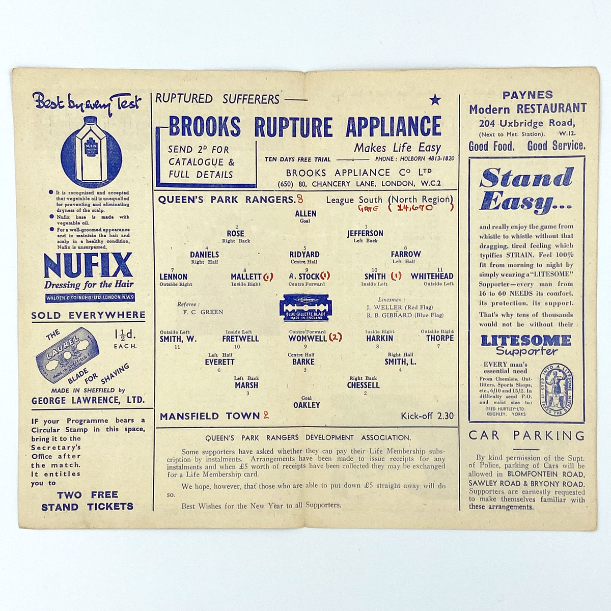 Queens Park Rangers vs Mansfield Town Programme (29 December 1945)