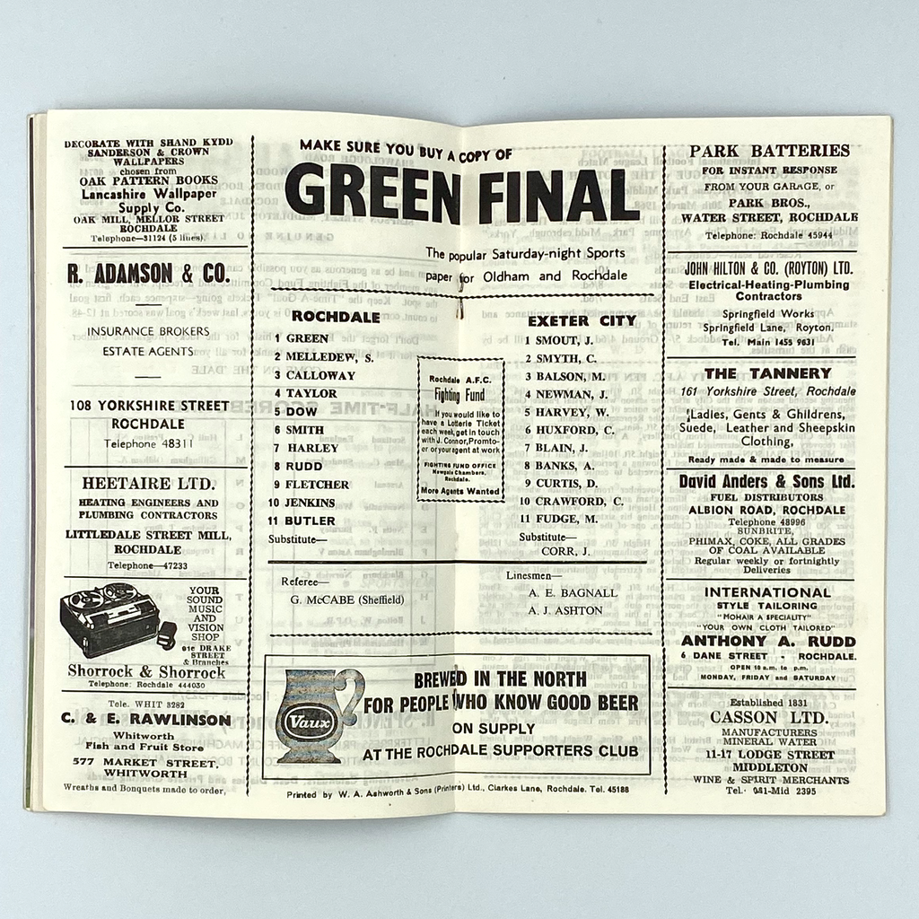 Rochdale A.F.C. vs Exeter City Programme (24 February 1968)