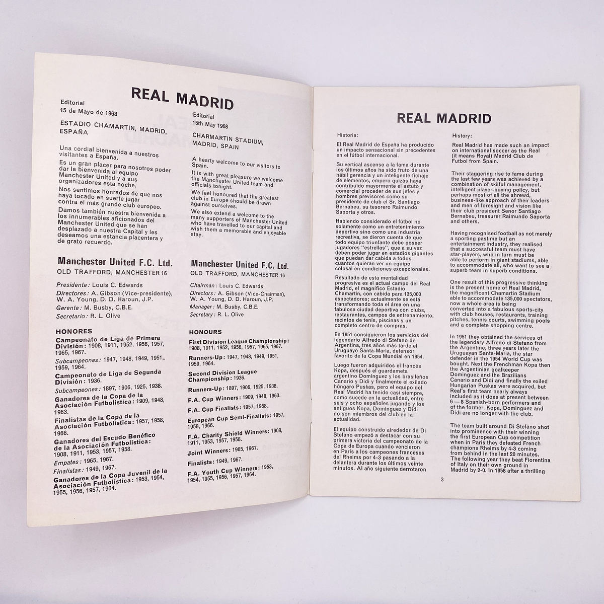 Real Madrid vs Manchester United Programme (15 May 1968)