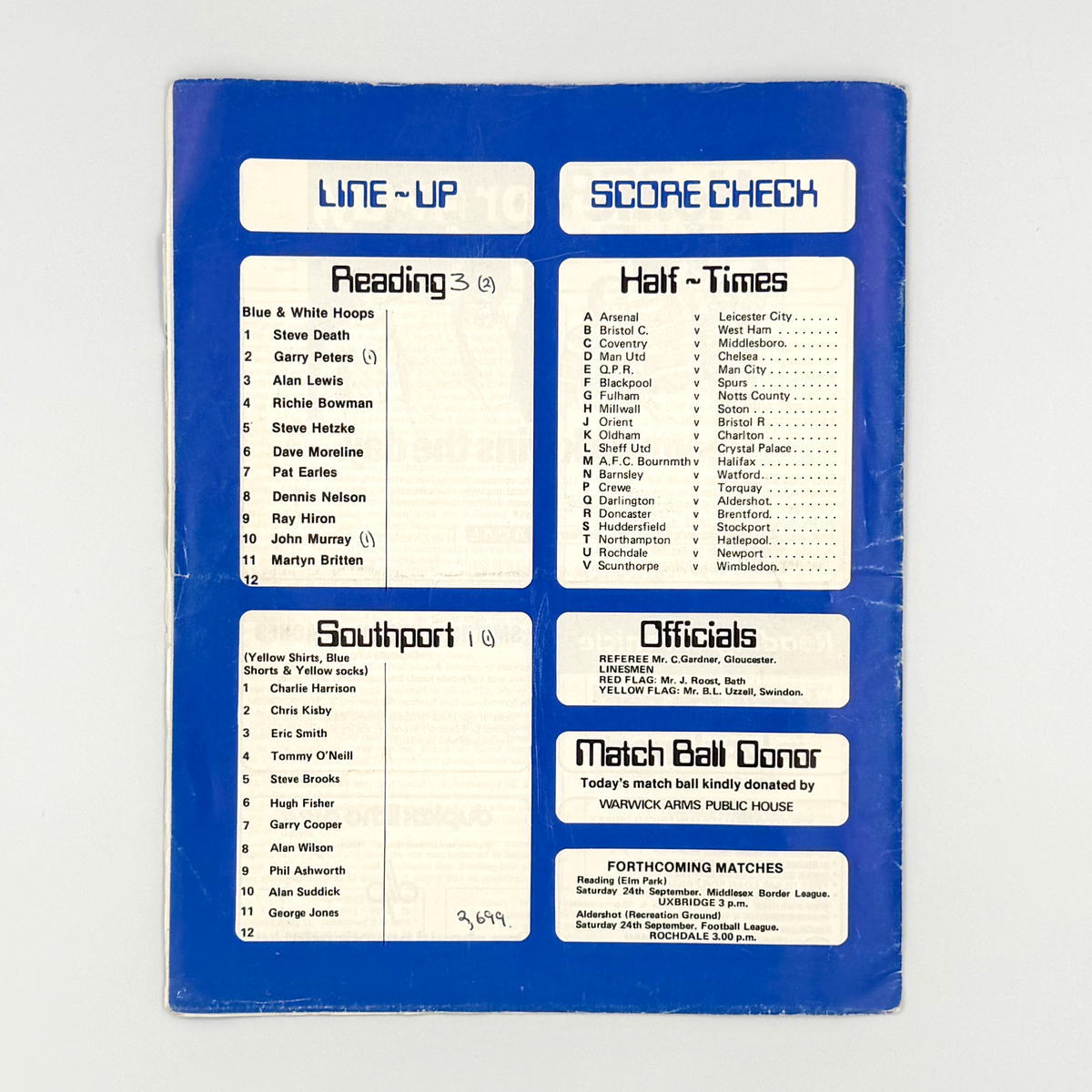 Reading vs Southport Programme (17 September 1977)