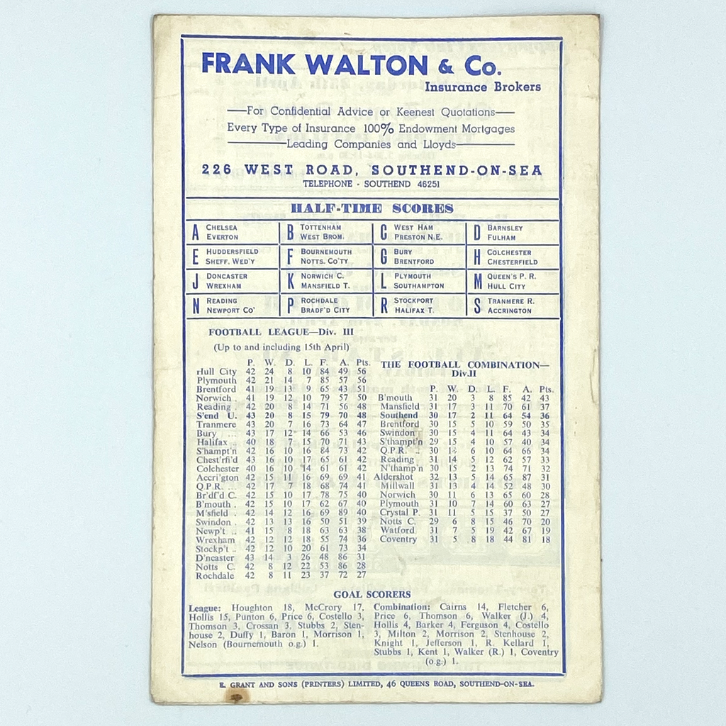 Southend United vs Swindon Town Programme (18 April 1959)
