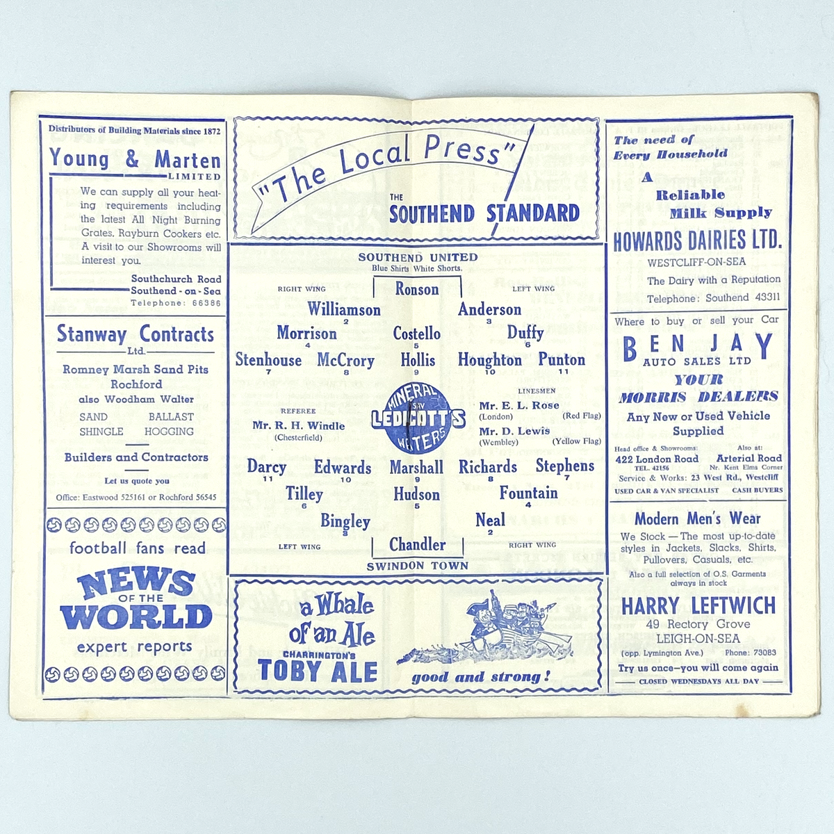 Southend United vs Swindon Town Programme (18 April 1959)