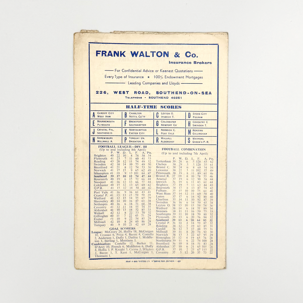 Southend United vs Leyton Orient Programme (12 April 1958)