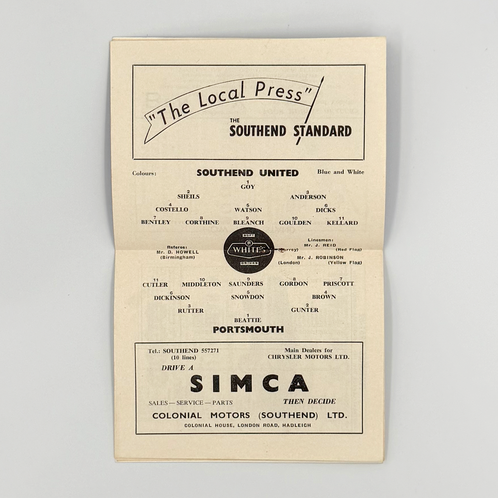 Southend United vs Portsmouth Programme (28 August 1961)