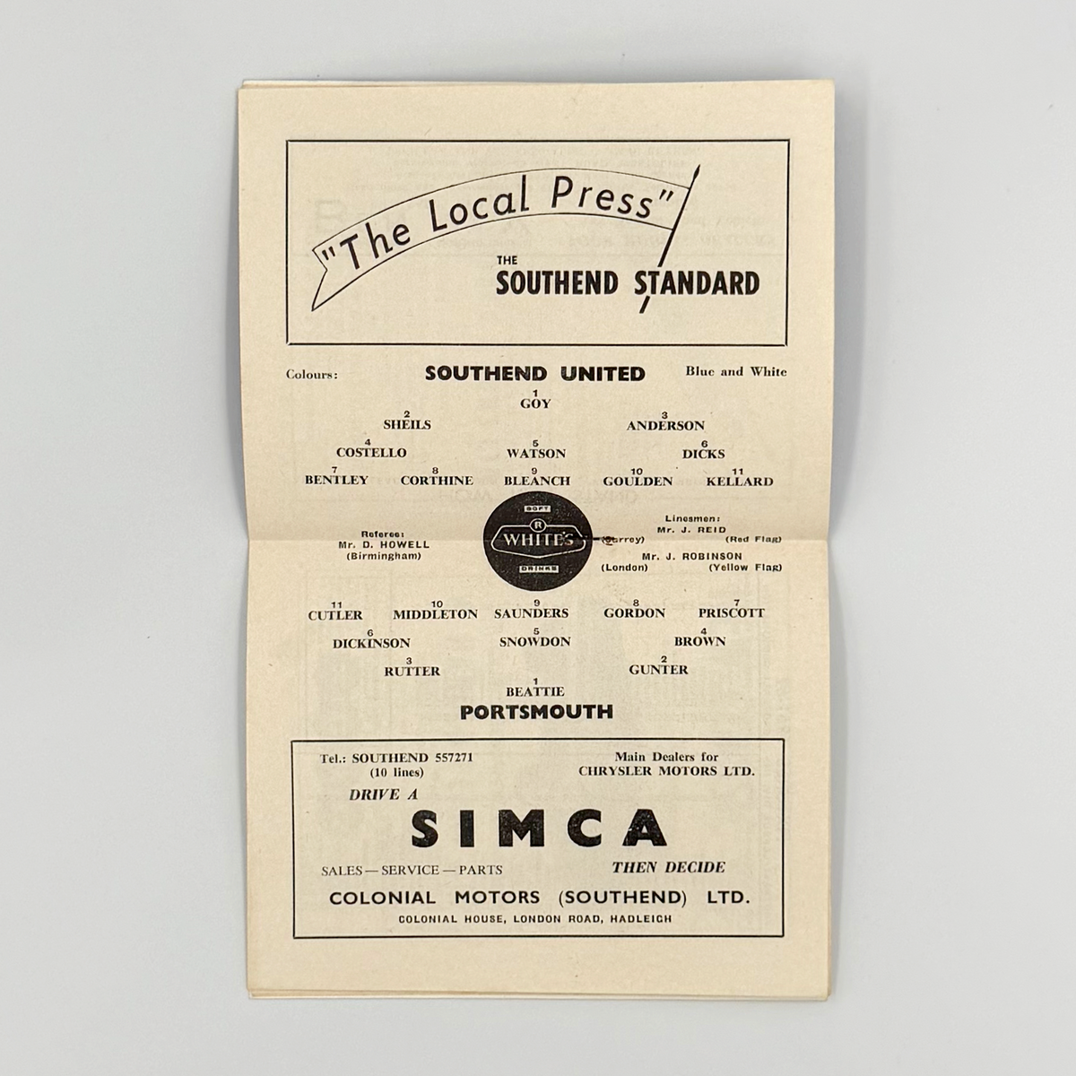 Southend United vs Portsmouth Programme (28 August 1961)