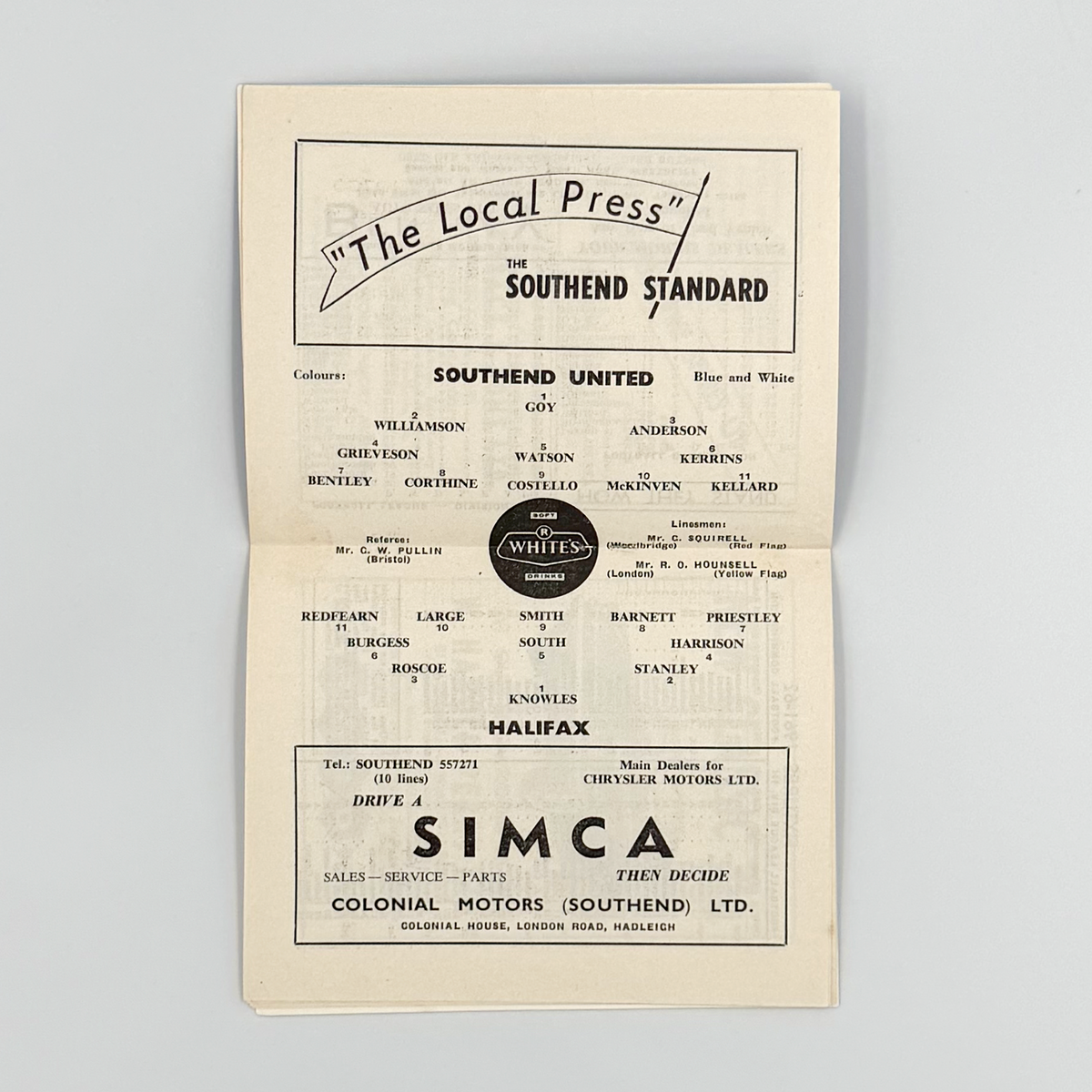 Southend United vs Halifax Town Programme (2 December 1961)
