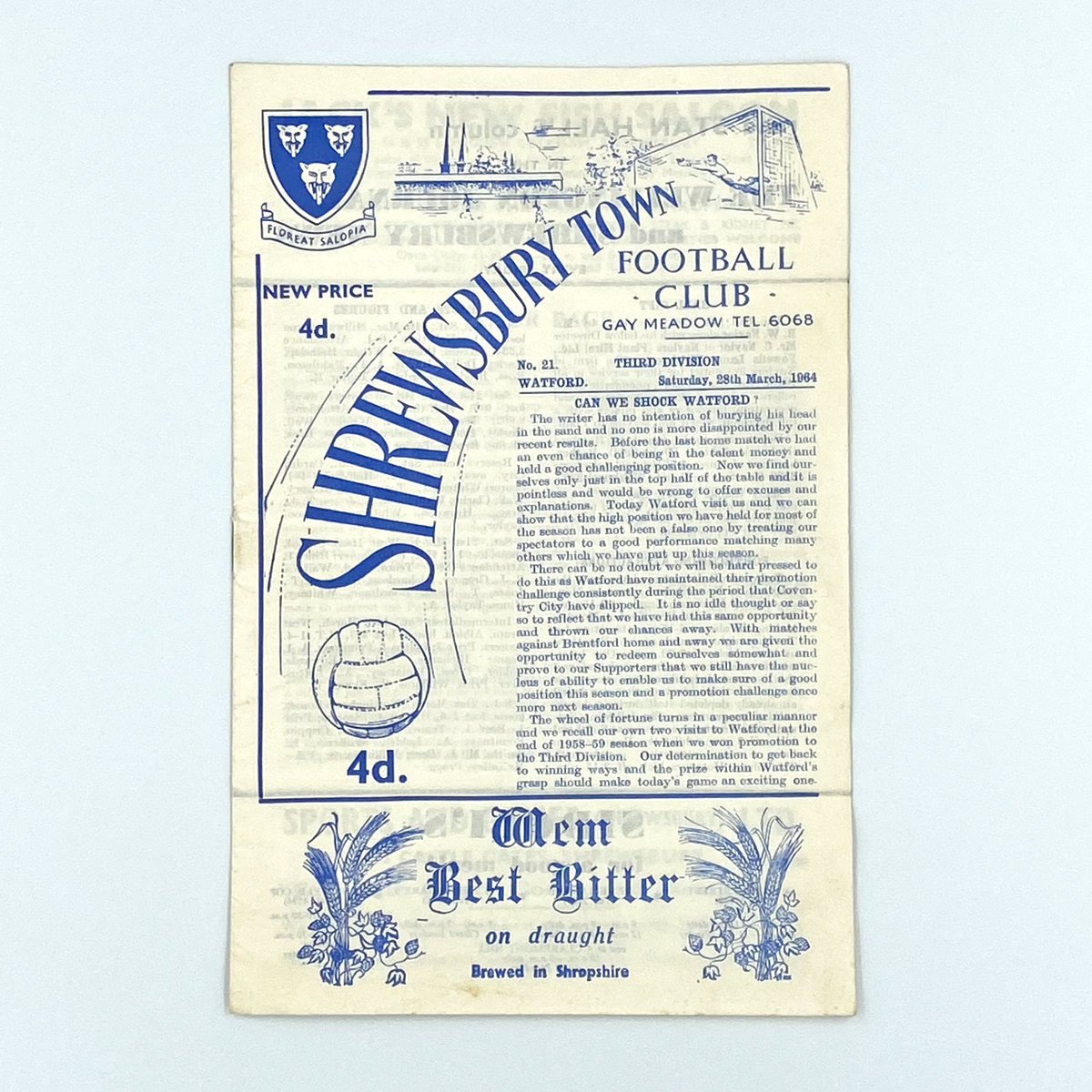 Shrewsbury Town vs Watford Programme (28 March 1964)