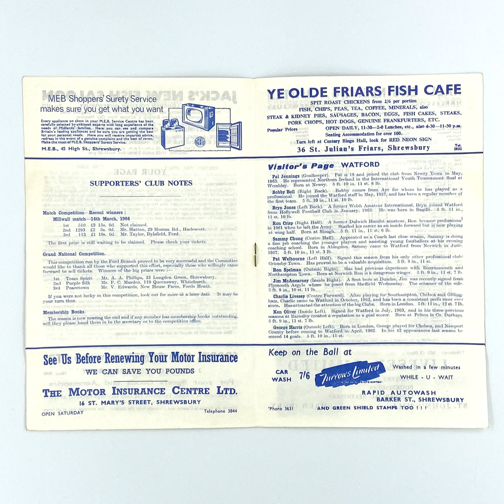 Shrewsbury Town vs Watford Programme (28 March 1964)
