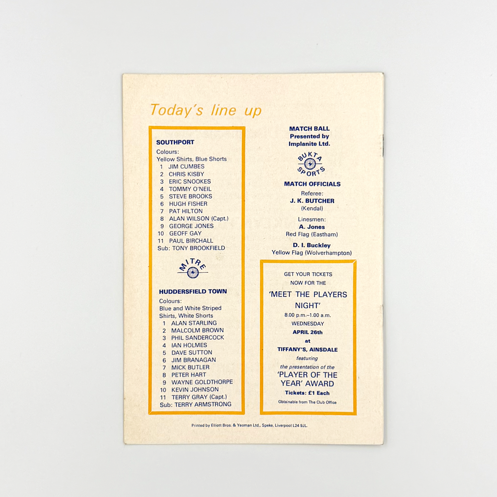 Southport vs Huddersfield Town Programme (22 April 1978)