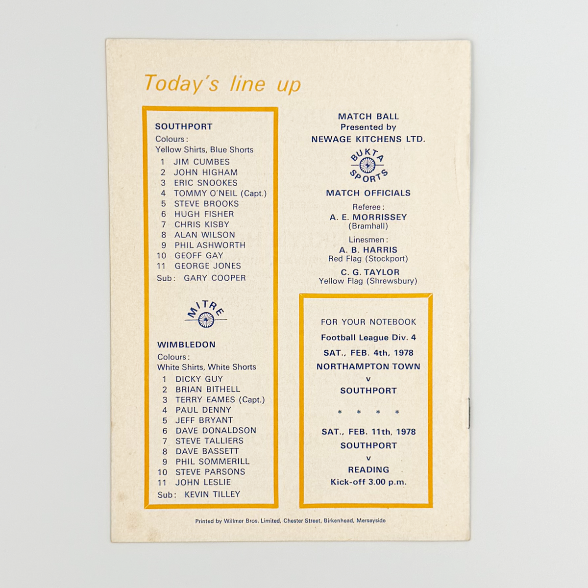 Southport vs Wimbledon Programme (28 January 1978)