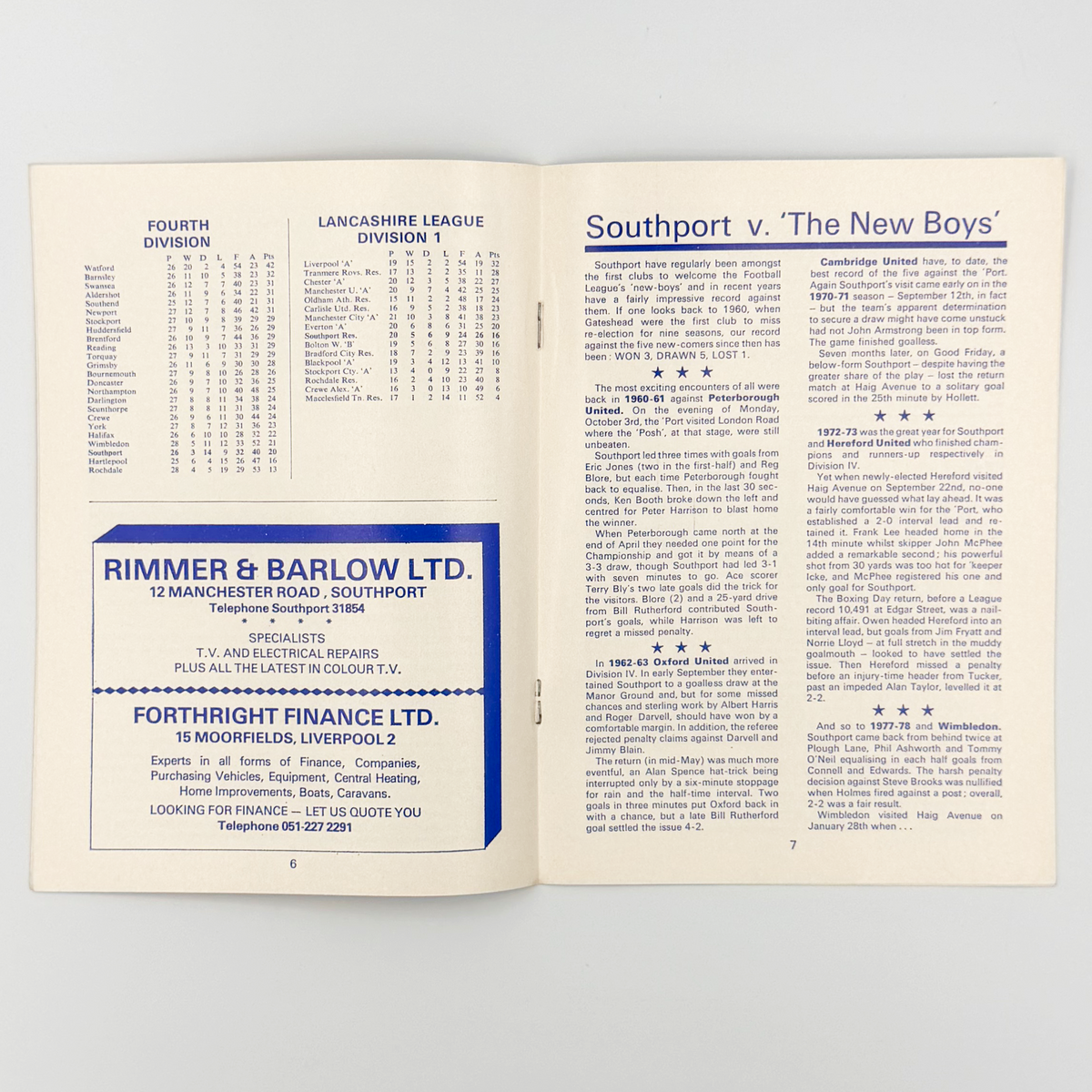 Southport vs Wimbledon Programme (28 January 1978)