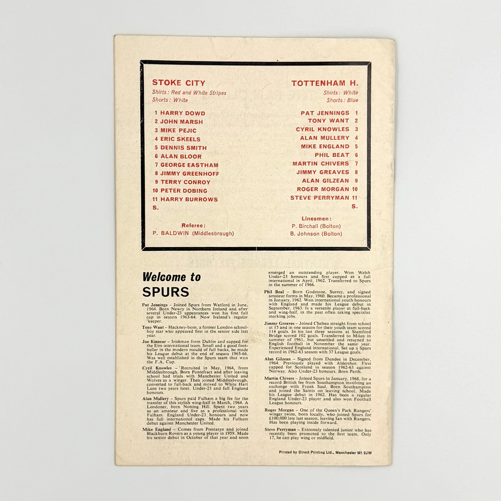 Stoke City vs Tottenham Hotspur Programme (25 October 1969)