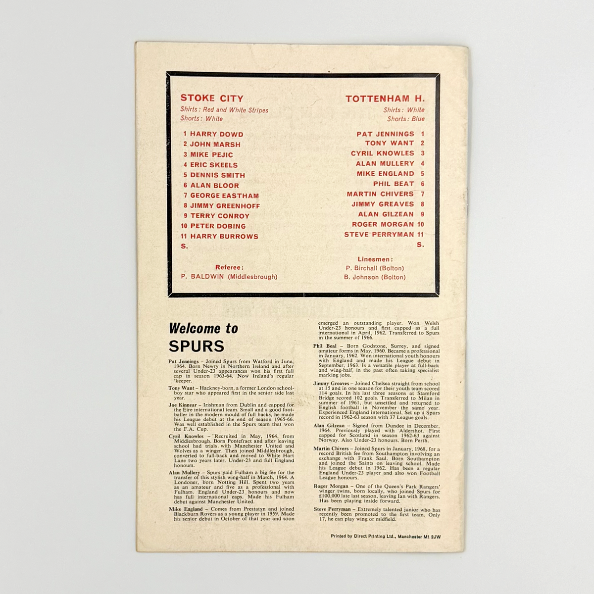 Stoke City vs Tottenham Hotspur Programme (25 October 1969)
