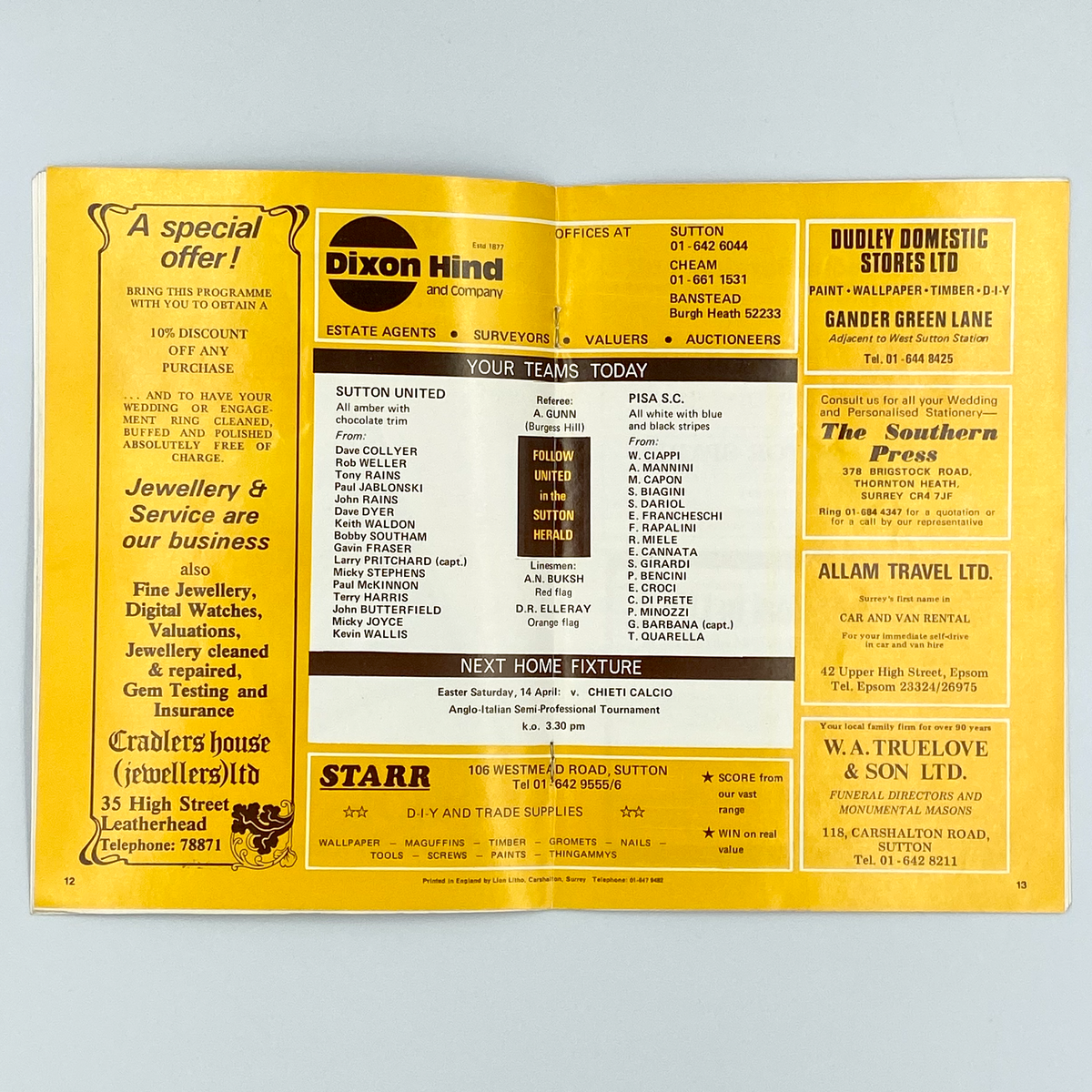 Sutton United vs Pisa SC Programme (11 April 1979)