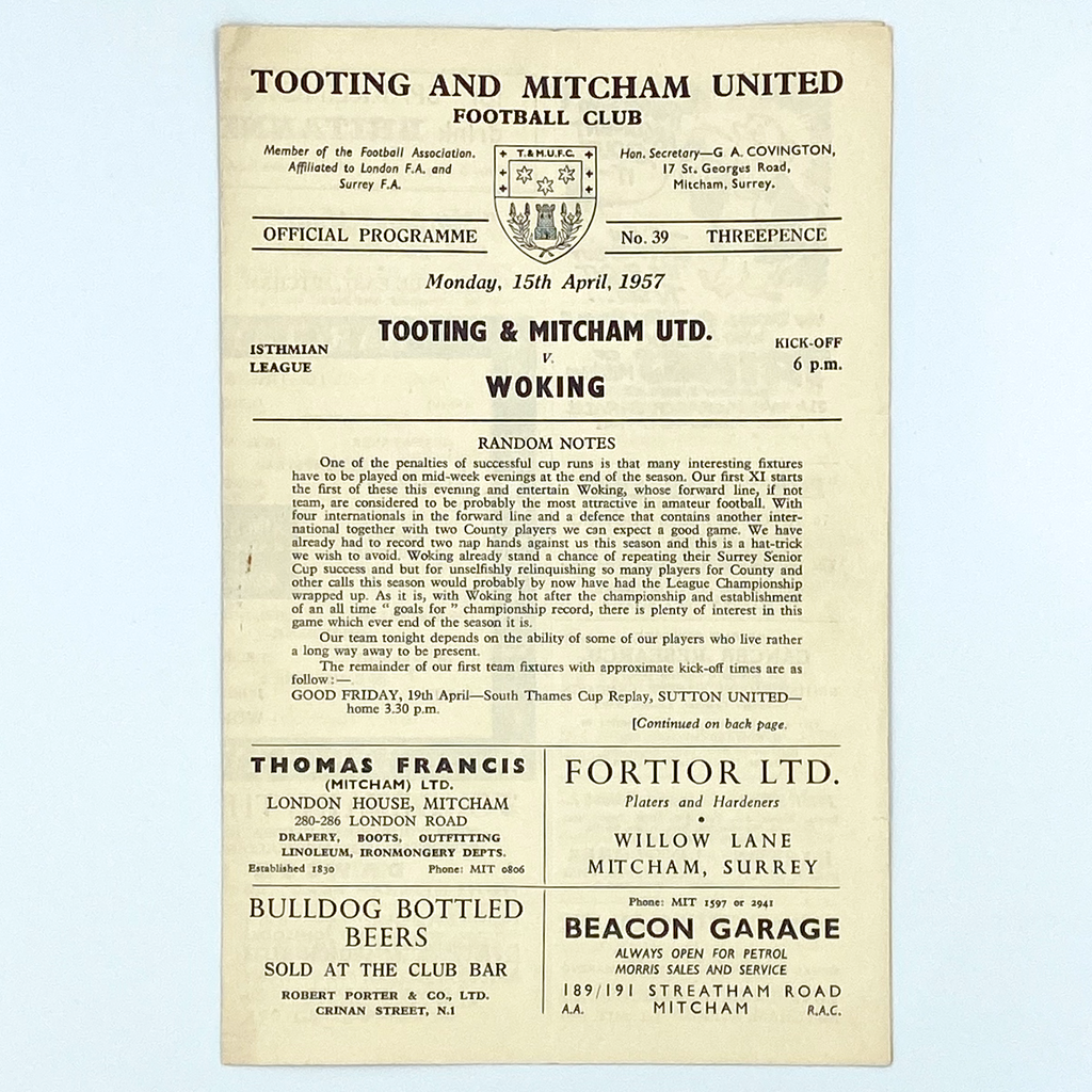 Tooting & Mitcham United vs Woking Programme (15 April 1957)