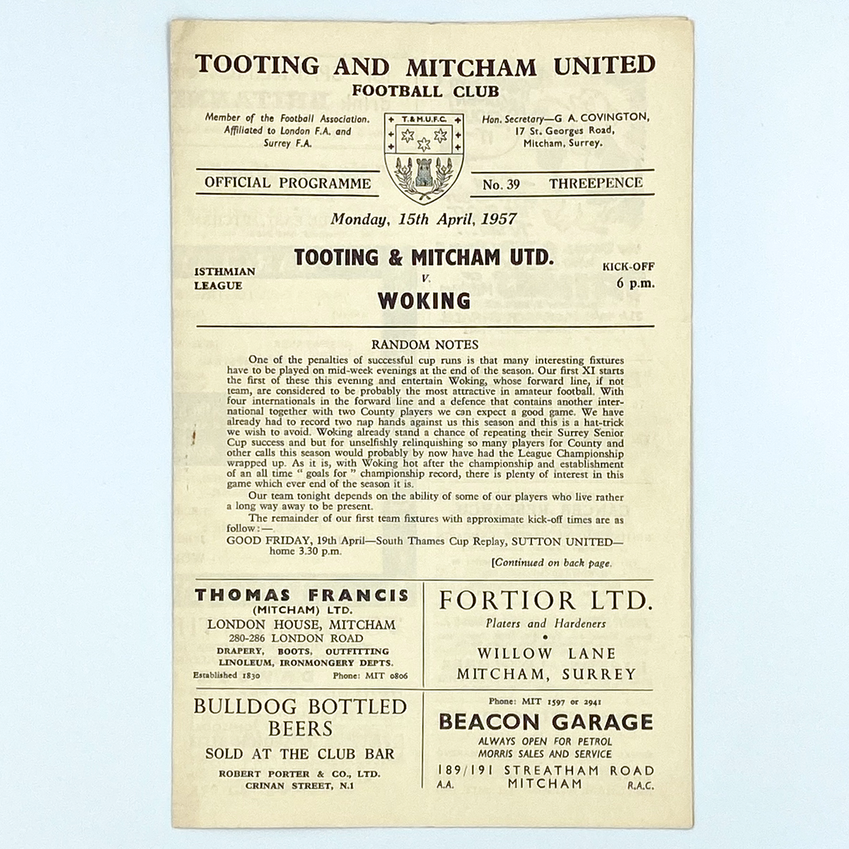 Tooting & Mitcham United vs Woking Programme (15 April 1957)