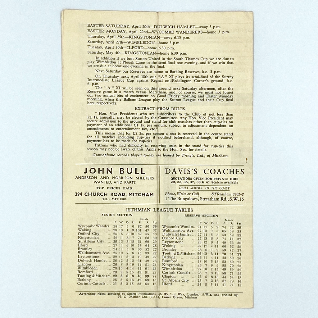 Tooting & Mitcham United vs Woking Programme (15 April 1957)