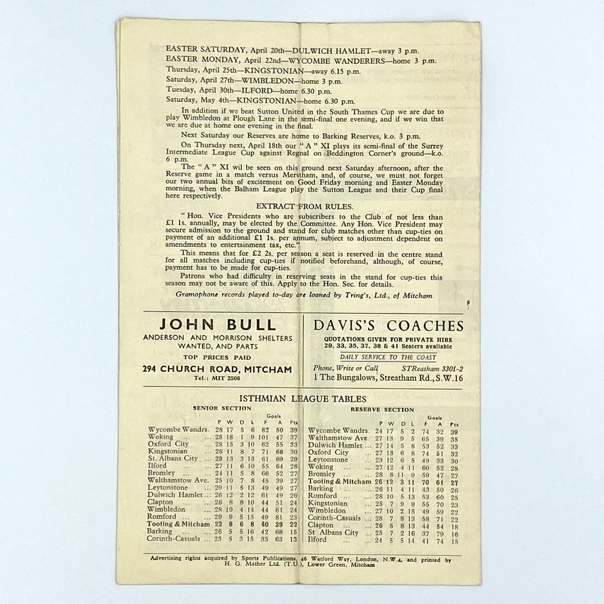 Tooting & Mitcham United vs Woking Programme (15 April 1957)