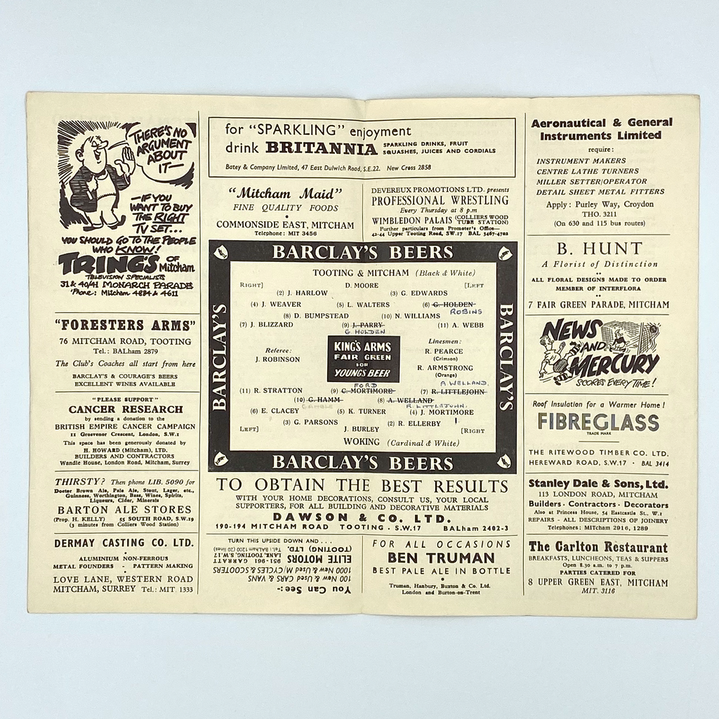 Tooting & Mitcham United vs Woking Programme (15 April 1957)