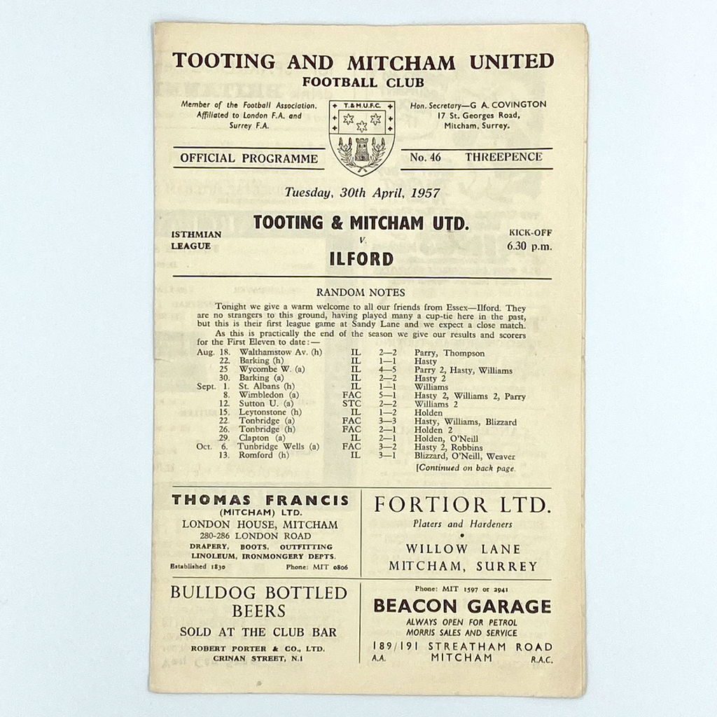 Tooting & Mitcham United vs Ilford Programme (30 April 1957)