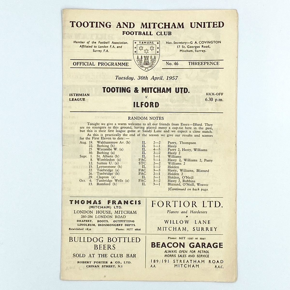 Tooting & Mitcham United vs Ilford Programme (30 April 1957)